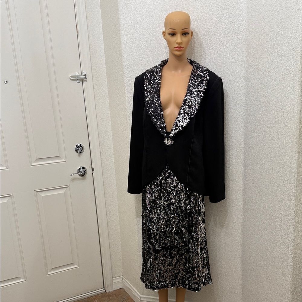 Lisa Renee Black Silver Sequins Women's Sz 18 Long Sleeve Jacket Blazer & Skirt